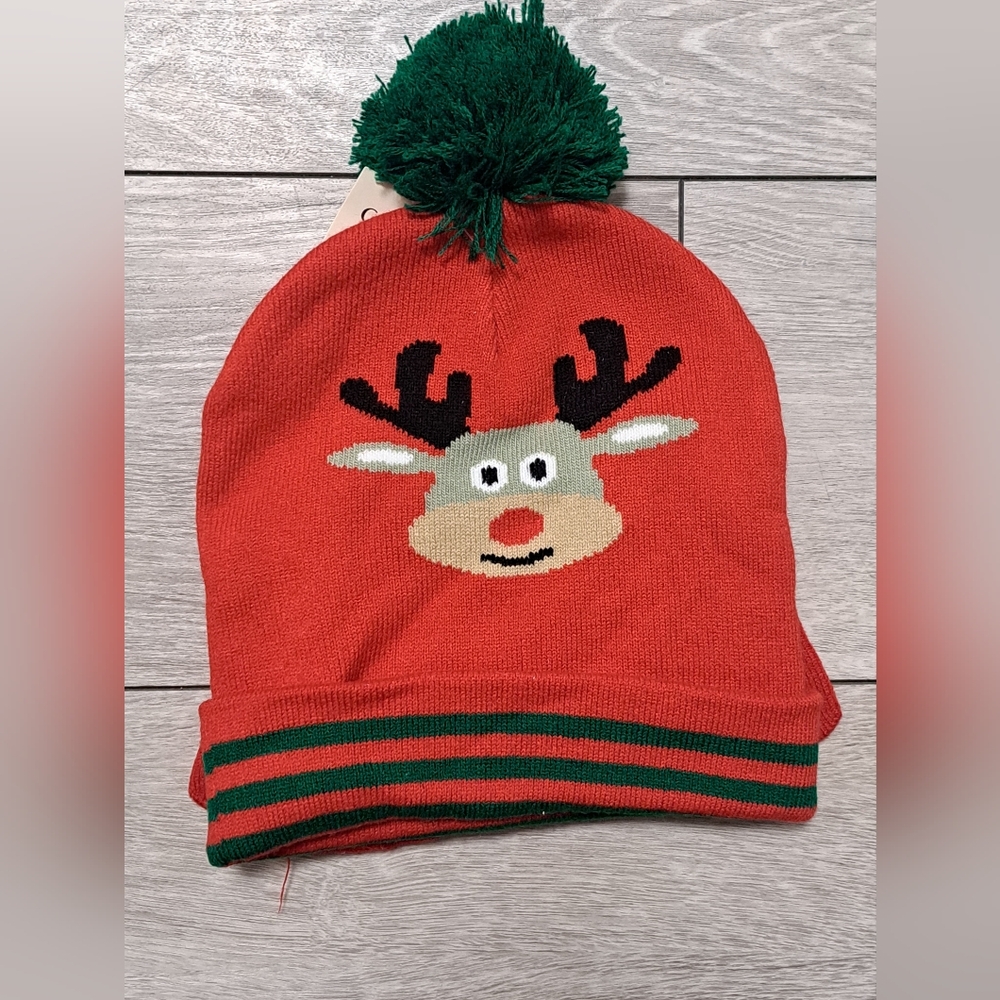 New 2pc Red Reindeer Knit Beanie with Green Pom And Mittens